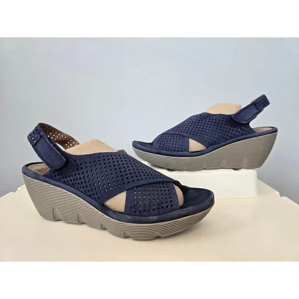 Clarks Artisan Suede Wedge Sandals Size 10 Blue Slingback Peep Toe Comfy